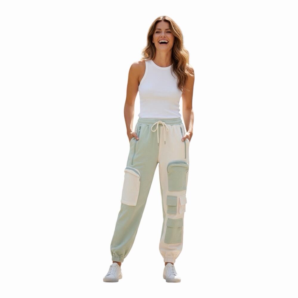 Hot & Delicious Colorblock Cargo Jogger Pants Mint Green Cream Multi Pocket SM